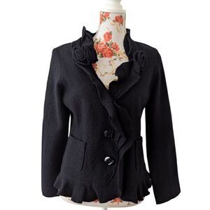 Vintage ALISON SHERI Sz M Black Boiled Wool Witchy Whimsy Goth Boho Cardigan EUC